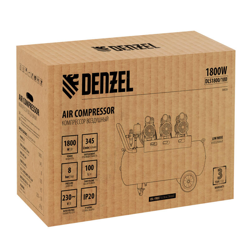 Компрессор безмасляный Denzel DLS 1800/100, 58028